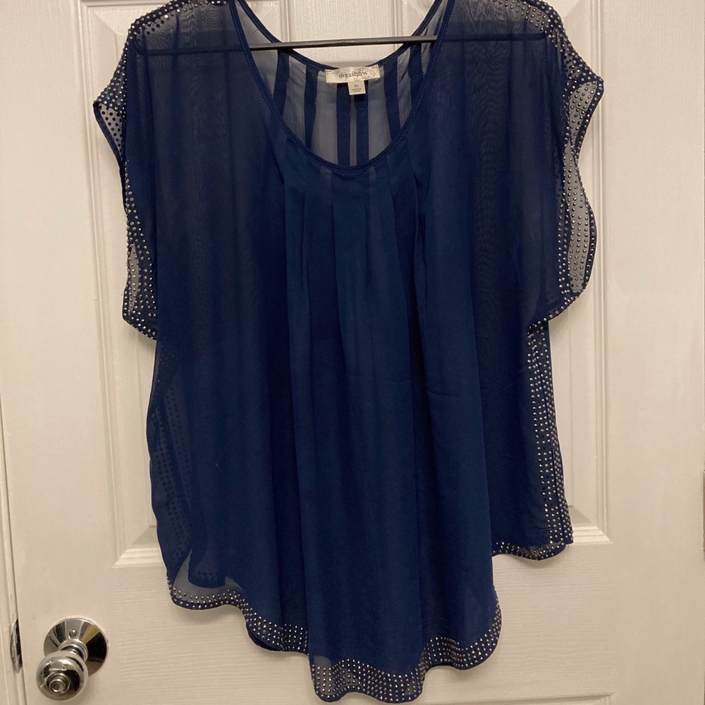 Navy Blue Sheer Dress Barn Blouse with Rhinestones